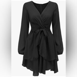 Casual Long Sleeve V Neck Tie Waist Dress Ruffle Flowy Swing Dress Size Large